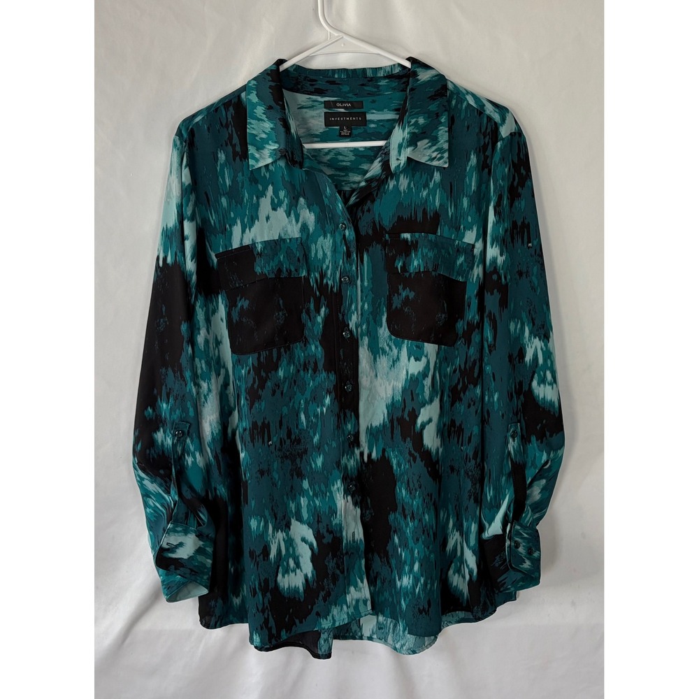 Olivia Investments Teal Black Abstract Print Roll Tab Button Down Blouse Large - Picture 10 of 11